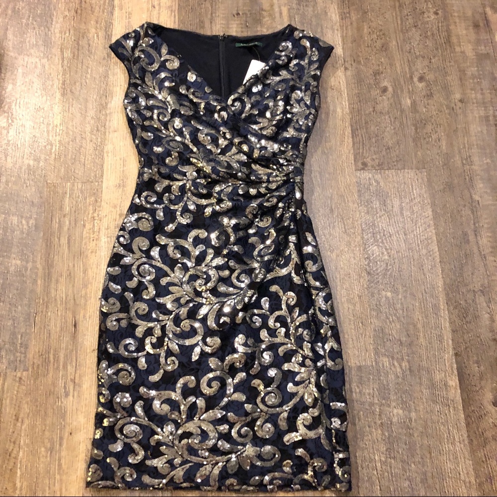 NWT Ralph Lauren 4 navy silver lace cocktail dress